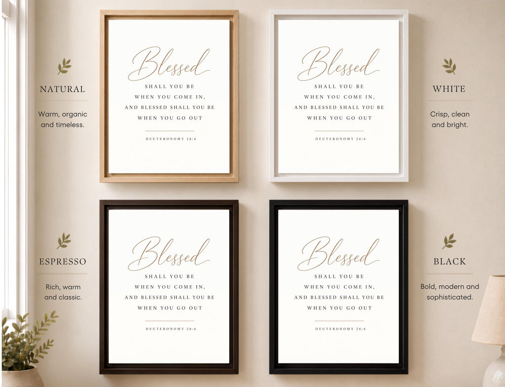 Four framed wall art prints with Bible verse text are arranged in a 2x2 grid on a beige wall, showing four frame finishes labeled Natural, White, Espresso, and Black.