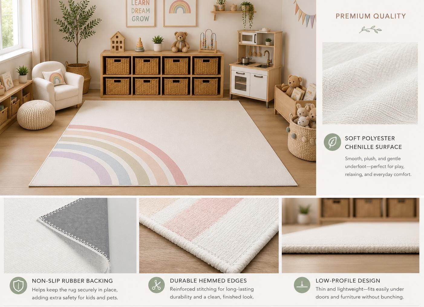 A large rectangular area rug with a pastel rainbow arc in soft pink, peach, yellow, green, blue, and purple on a white base, shown in a styled children's room. The collage includes close-up material swatches, corner detail, hem edge, and flooring installation context, with text highlighting soft polyester chenille surface, non-slip rubber backing, durable hemmed edges, and low-profile design.