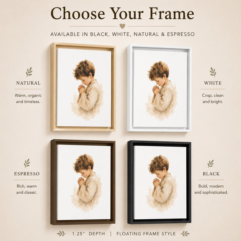 A promotional graphic showing four framed art prints with a watercolor-style portrait of a child, labeled for frame finishes: Natural, White, Espresso, and Black. The top text reads 'Choose Your Frame' and the bottom includes '1.