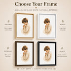 A promotional graphic showing four framed art prints with a watercolor-style portrait of a child, labeled for frame finishes: Natural, White, Espresso, and Black. The top text reads 'Choose Your Frame' and the bottom includes '1.