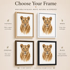 A framed art print featuring a watercolor-style lioness portrait shown in four frame color options: natural, white, espresso, and black. The image includes text labels for each frame style and reads 'Choose Your Frame' at the top.