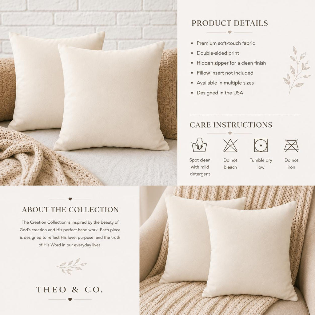 A collage-style product listing graphic showing cream/off-white throw pillows on a beige knit sofa, with text panels detailing product features, care instructions, and collection information. The brand name THEO.