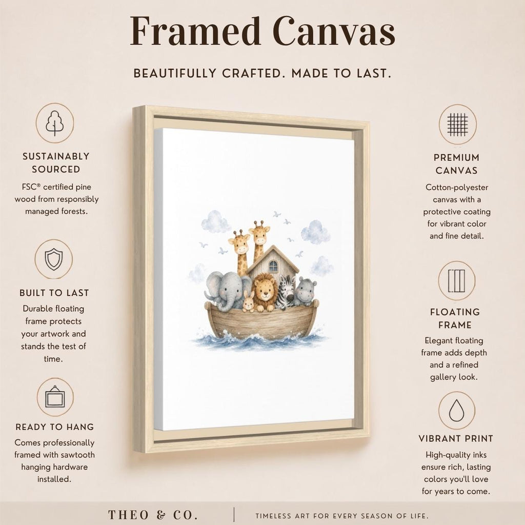 A framed canvas wall art print shown on a beige promotional graphic. The artwork features a small house on a boat with a lion, elephant, and giraffe, surrounded by marketing text about sustainability, premium canvas, floating frame, and vibrant print.