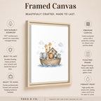 A framed canvas wall art print shown on a beige promotional graphic. The artwork features a small house on a boat with a lion, elephant, and giraffe, surrounded by marketing text about sustainability, premium canvas, floating frame, and vibrant print.