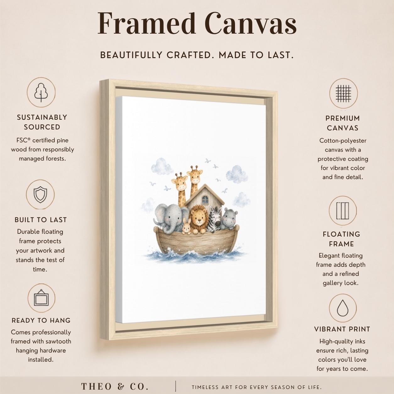 A framed canvas wall art print shown on a beige promotional graphic. The artwork features a small house on a boat with a lion, elephant, and giraffe, surrounded by marketing text about sustainability, premium canvas, floating frame, and vibrant print.