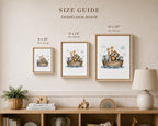 A size guide display showing three framed canvas prints of Noah's Ark in different sizes (8x10, 11x14, and 16x20 inches) mounted on a beige wall above a wooden shelf with nursery decor.