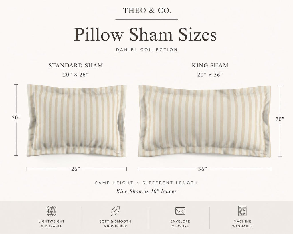 Pillow sham sizes comparison chart from Theo & Co. Daniel Collection, showing a standard sham at 20" x 26" and a king sham at 20" x 36" with dimension lines and text on a light beige background.