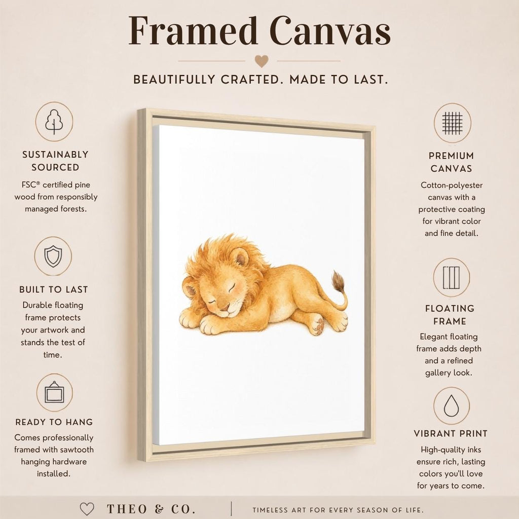 A framed canvas art print featuring a watercolor illustration of a sleeping lion cub, presented on a beige background with product features and branding text.