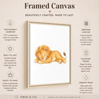 A framed canvas art print featuring a watercolor illustration of a sleeping lion cub, presented on a beige background with product features and branding text.