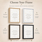 A product information graphic showing four framed wall art options labeled Natural, White, Espresso, and Black, with text describing the frame styles and the quote 'God saw all that He had made, and it was very good' from Genesis 1:31.