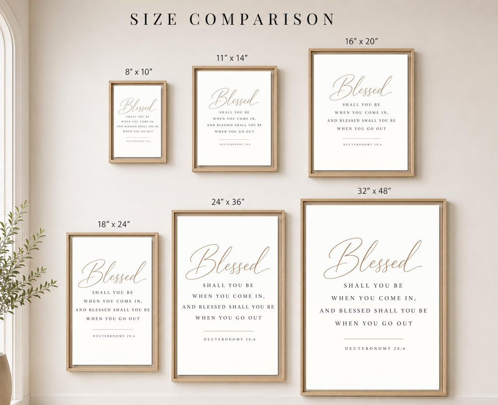 A size comparison chart showing six framed Bible print options with dimensions labeled: 8"x10", 11"x14", 16"x20", 18"x24", 24"x36", and 32"x48". The prints feature elegant gold and black typography on a white background, displayed in light wood frames against a warm beige wall.