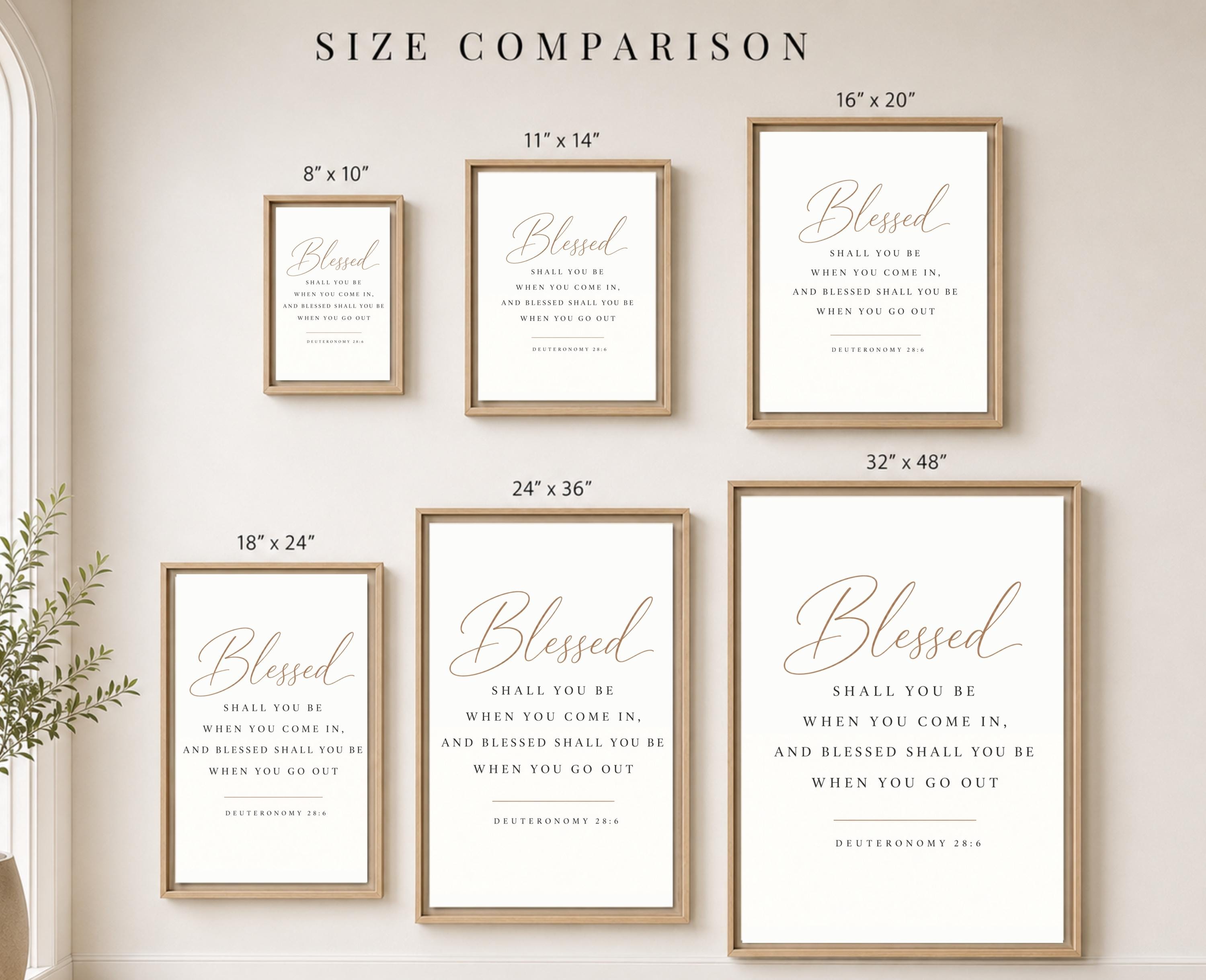 A size comparison chart showing six framed Bible print options with dimensions labeled: 8"x10", 11"x14", 16"x20", 18"x24", 24"x36", and 32"x48". The prints feature elegant gold and black typography on a white background, displayed in light wood frames against a warm beige wall.