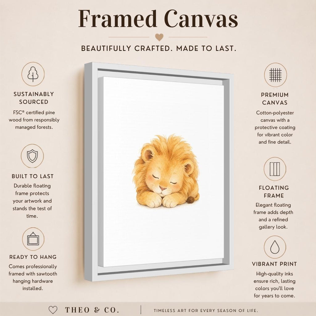 A framed canvas art print featuring a watercolor illustration of a sleeping lion cub, presented on a beige background with product details and icons from Theo. & Co.