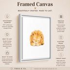 A framed canvas art print featuring a watercolor illustration of a sleeping lion cub, presented on a beige background with product details and icons from Theo. & Co.