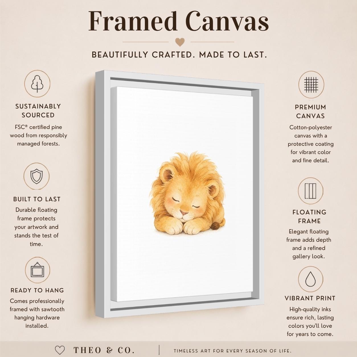 A framed canvas art print featuring a watercolor illustration of a sleeping lion cub, presented on a beige background with product details and icons from Theo. & Co.