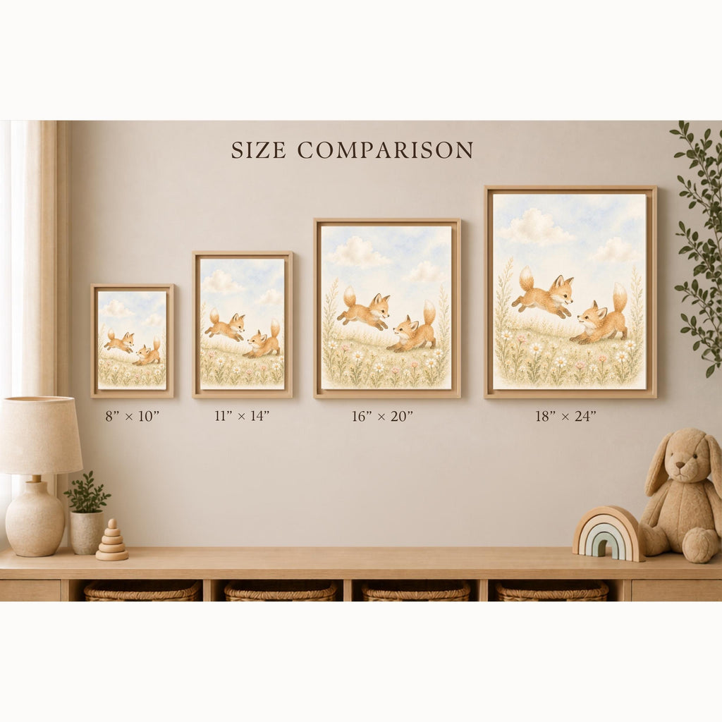Four framed wall art prints showing foxes in a grassy field, displayed on a beige wall above a wooden bench. The image includes size labels for each frame: 8" x 10", 11" x 14", 16" x 20", and 18" x 24", with the text 'SIZE COMPARISON' above.