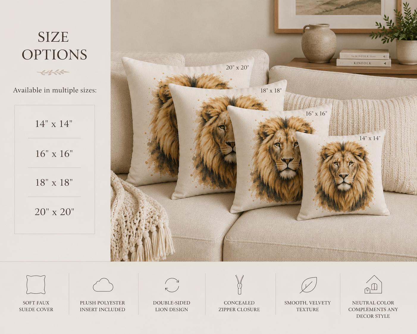 A set of square throw pillows with realistic lion face prints displayed on a beige sofa, with a size options chart on the left and feature icons along the bottom.