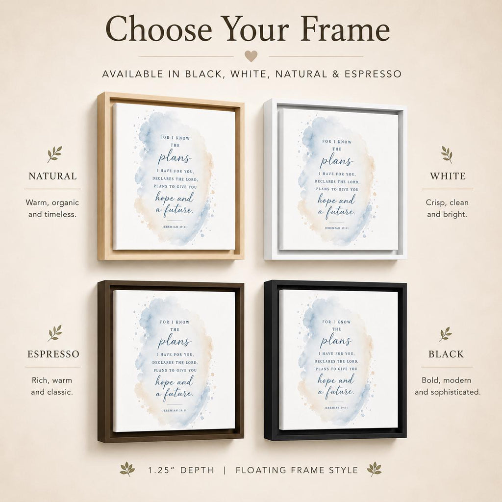 A product information graphic showing four floating frame styles labeled Natural, White, Espresso, and Black, each with a framed art print. The top text reads 'Choose Your Frame' and the bottom text includes '1.