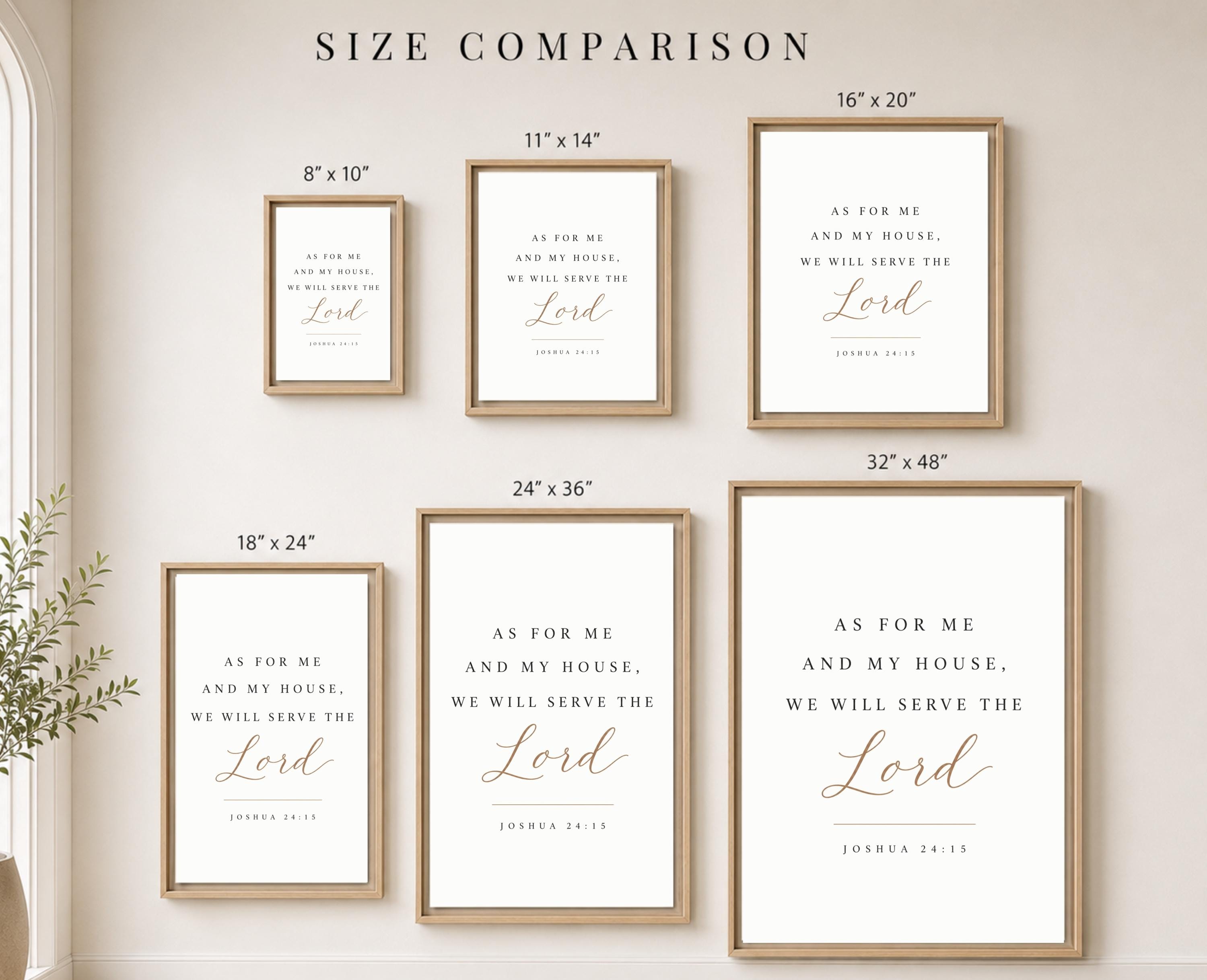 A size comparison chart showing six framed wall art prints in different dimensions, labeled 8"x10", 11"x14", 16"x20", 18"x24", 24"x36", and 32"x48", arranged on a beige wall with the text 'SIZE COMPARISON' above them.