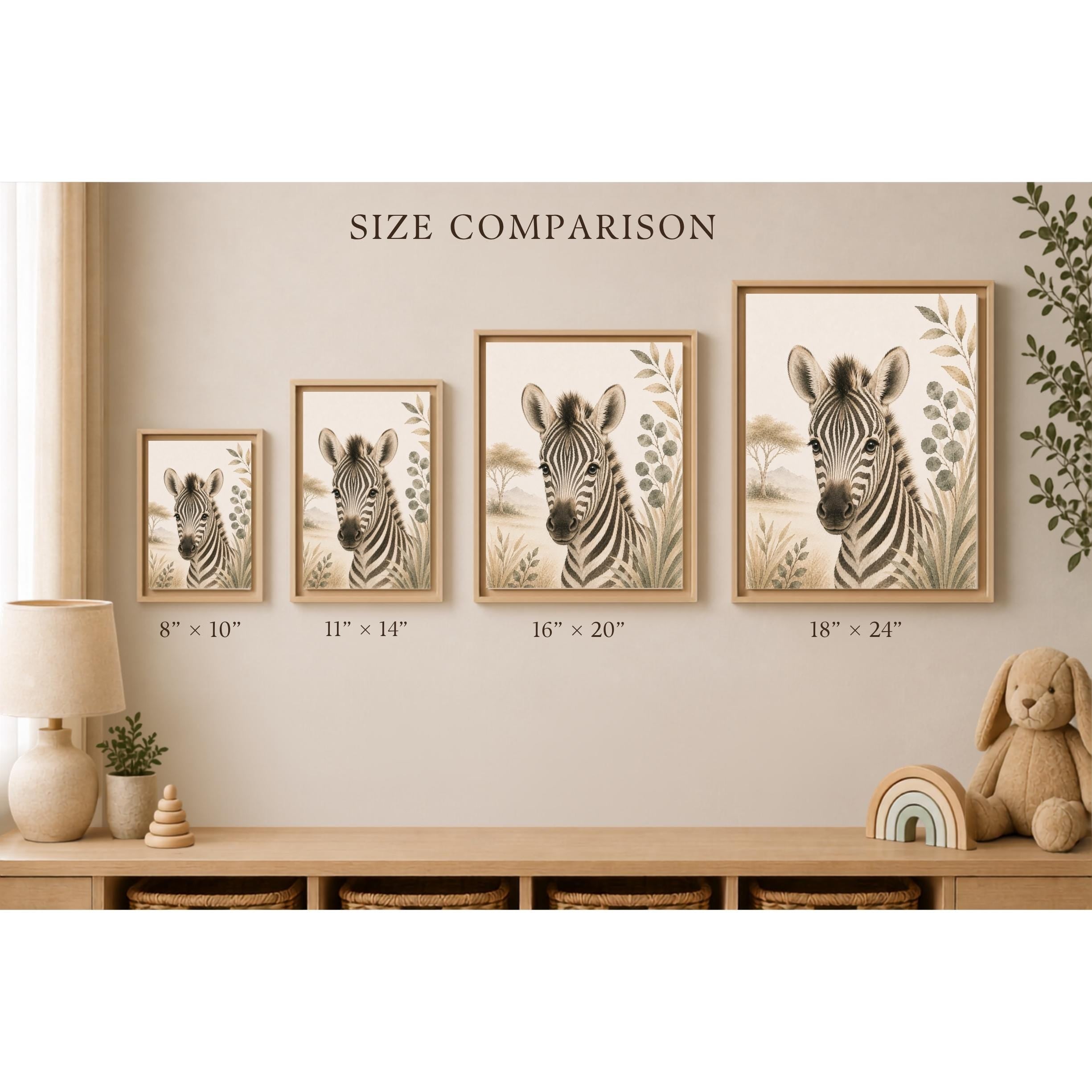 Four framed zebra wall art prints shown in a styled nursery-like room, with size labels beneath each print reading 8" x 10", 11" x 14", 16" x 20", and 18" x 24". The scene includes a lamp, shelf, basket, plant, and stuffed bunny, and the text 'SIZE COMPARISON' appears above the frames.