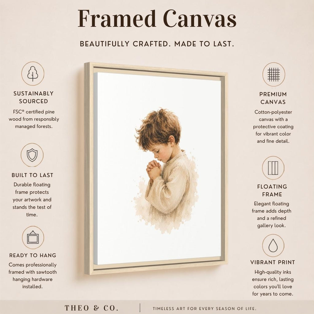 A framed canvas print featuring a watercolor-style portrait of a child in a cream outfit, shown on a beige promotional graphic with text callouts about sustainability, durability, floating frame, and vibrant print. Brand text 'THEO.