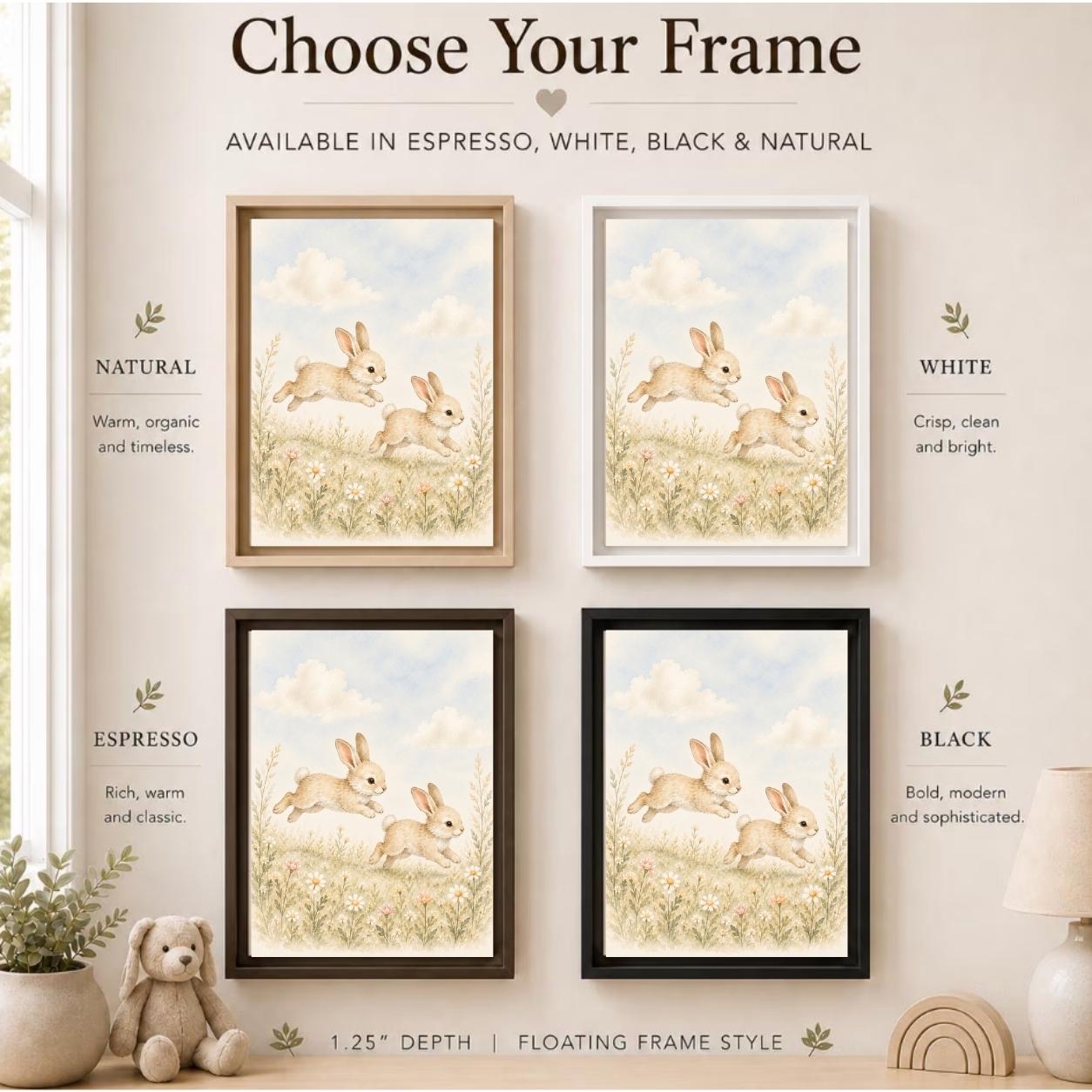 Playful Bunnies Woodland Floral Framed Canvas