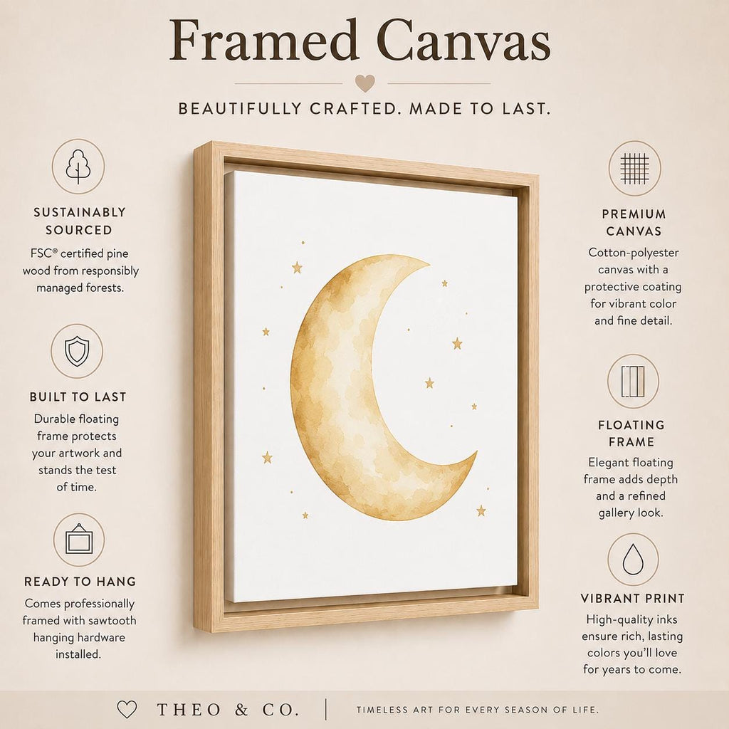 A framed canvas wall art print featuring a soft watercolor-style cream crescent moon and small gold stars on a white background, shown in a light natural wood floating frame. The image includes marketing text and icons around the product on a warm beige background, with the brand name Theo & Co.