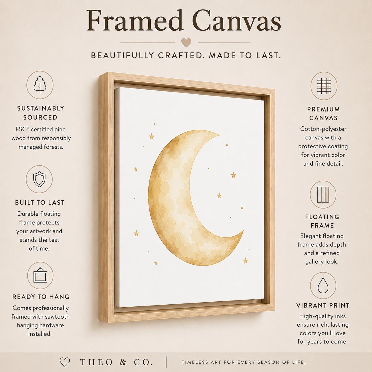 A framed canvas wall art print featuring a soft watercolor-style cream crescent moon and small gold stars on a white background, shown in a light natural wood floating frame. The image includes marketing text and icons around the product on a warm beige background, with the brand name Theo & Co.