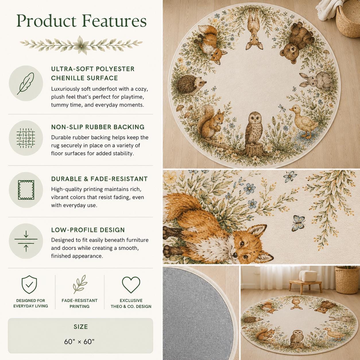 Woodland Floral Round Nursery Rug