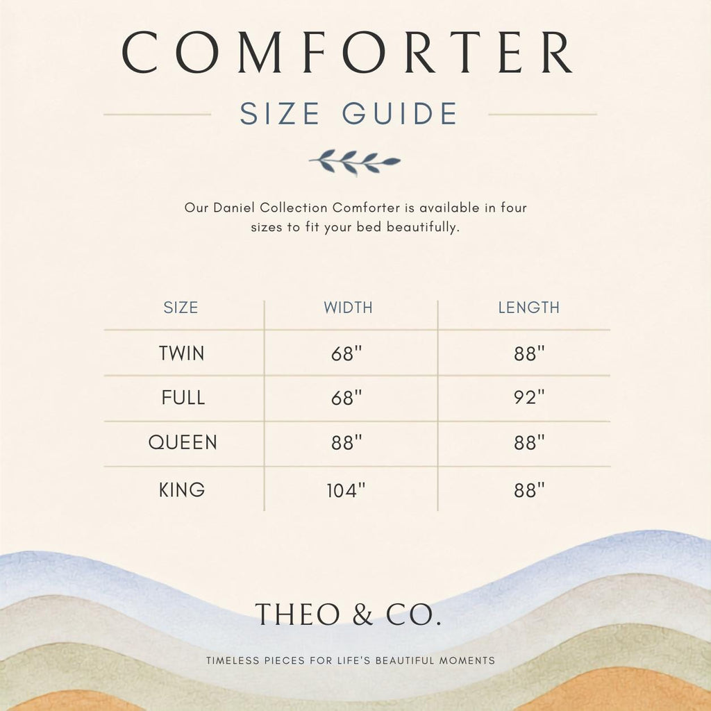 A size guide infographic for the Theo & Co. Comforter, showing dimensions for Twin, Full, Queen, and King sizes on a cream background with a watercolor wave design at the bottom.