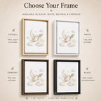 A product display graphic showing four floating frame options for a wall art print: natural wood, white, espresso brown, and black frames. The print features a watercolor illustration of a white dove with an olive branch flying over soft clouds.