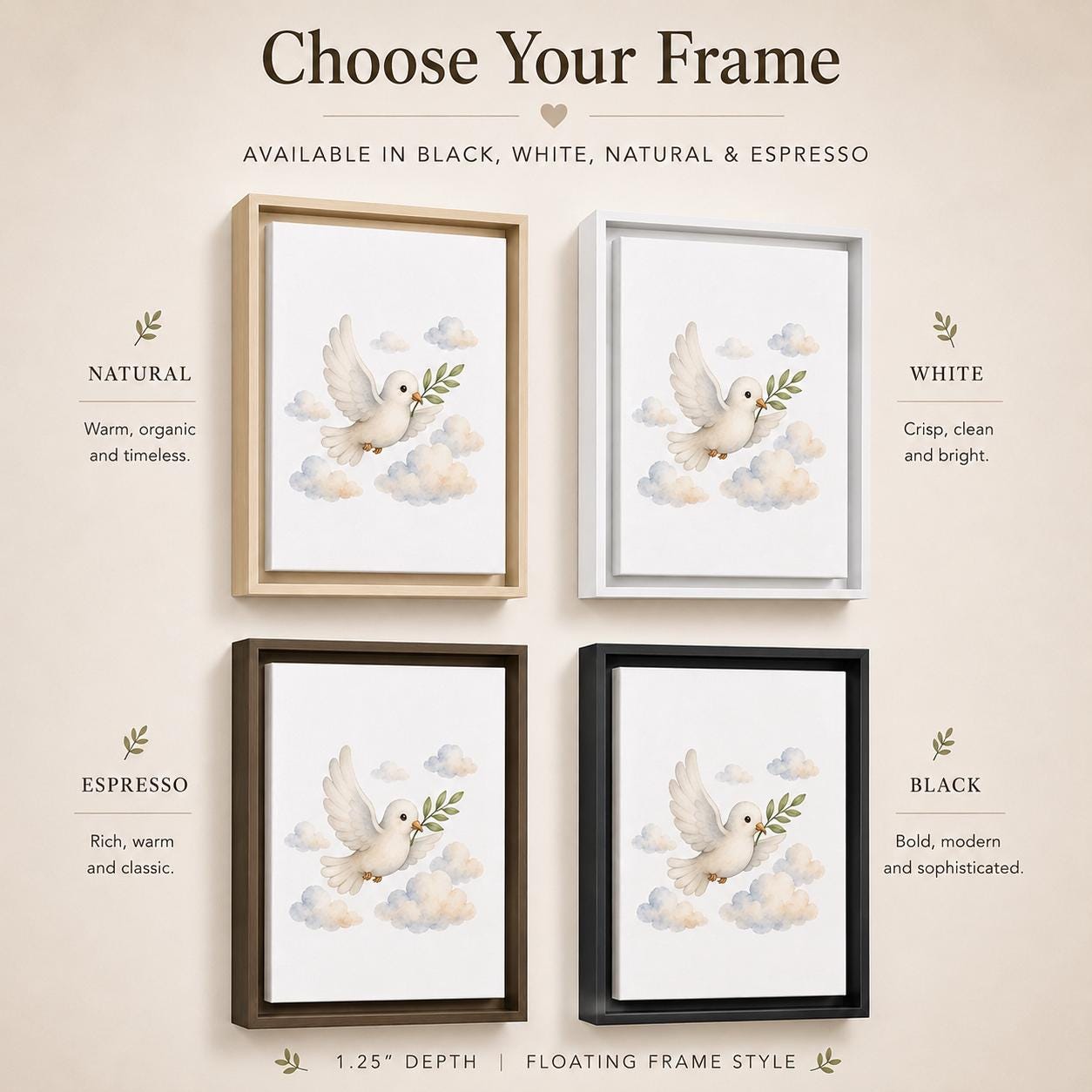 A product display graphic showing four floating frame options for a wall art print: natural wood, white, espresso brown, and black frames. The print features a watercolor illustration of a white dove with an olive branch flying over soft clouds.