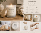 A collage-style product listing for a Theo & Co. Blackberry Vanilla scented soy candle.