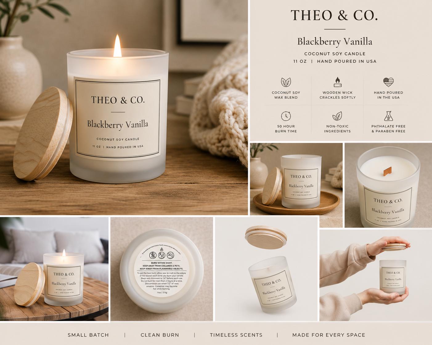 A collage-style product listing for a Theo & Co. Blackberry Vanilla scented soy candle.