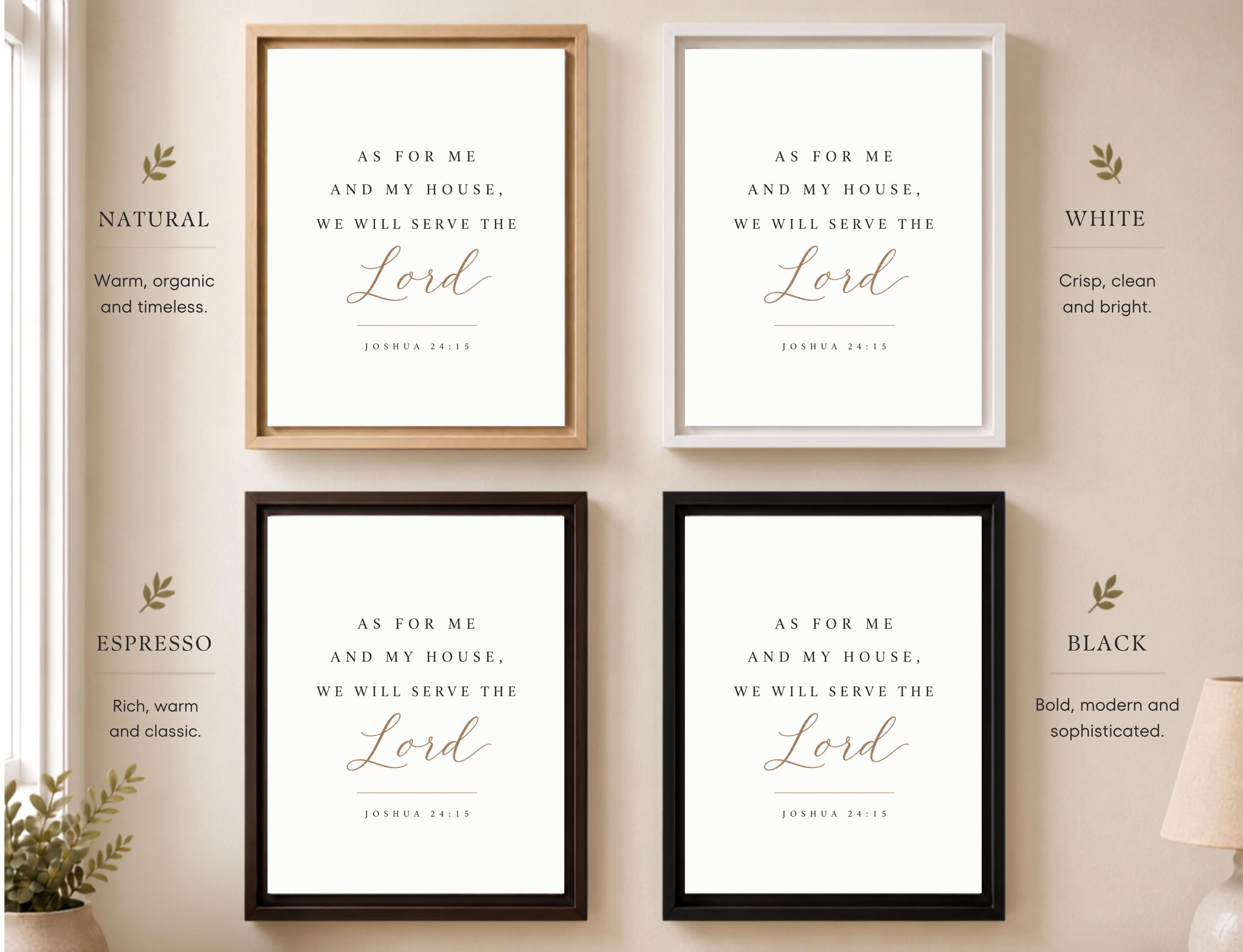 Four framed wall art prints with Bible verse text are arranged in a 2x2 grid on a beige wall, showing four frame finishes labeled Natural, White, Espresso, and Black.