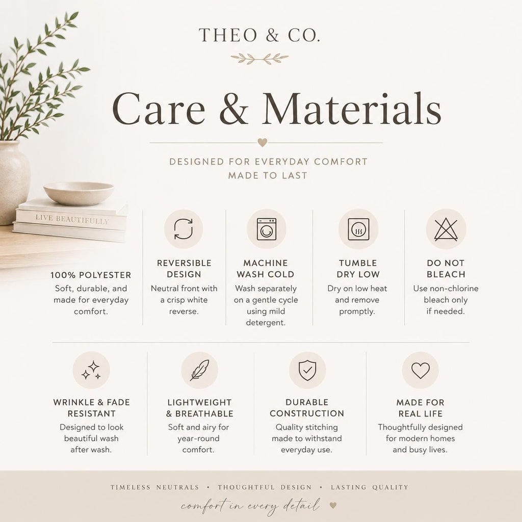Care and materials information graphic for Theo & Co. products, featuring text and icons about fabric, wash care, and construction on a light beige background with a small decorative plant and books in the corner.
