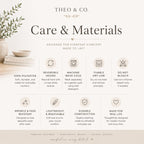 Care and materials information graphic for Theo & Co. products, featuring text and icons about fabric, wash care, and construction on a light beige background with a small decorative plant and books in the corner.