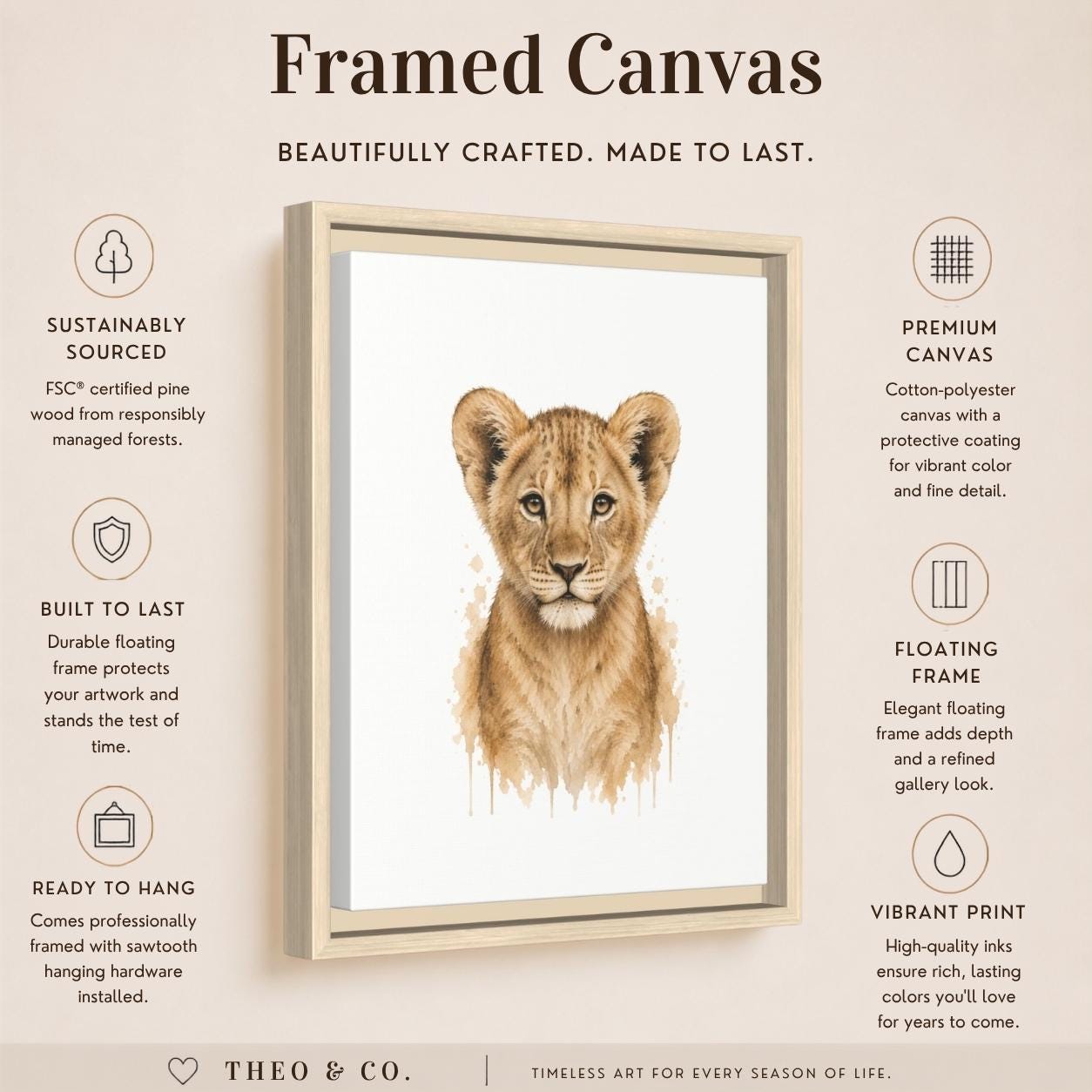 A framed canvas art print featuring a watercolor-style lion cub portrait, shown on a beige background with product feature callouts and the brand name Theo. & Co.
