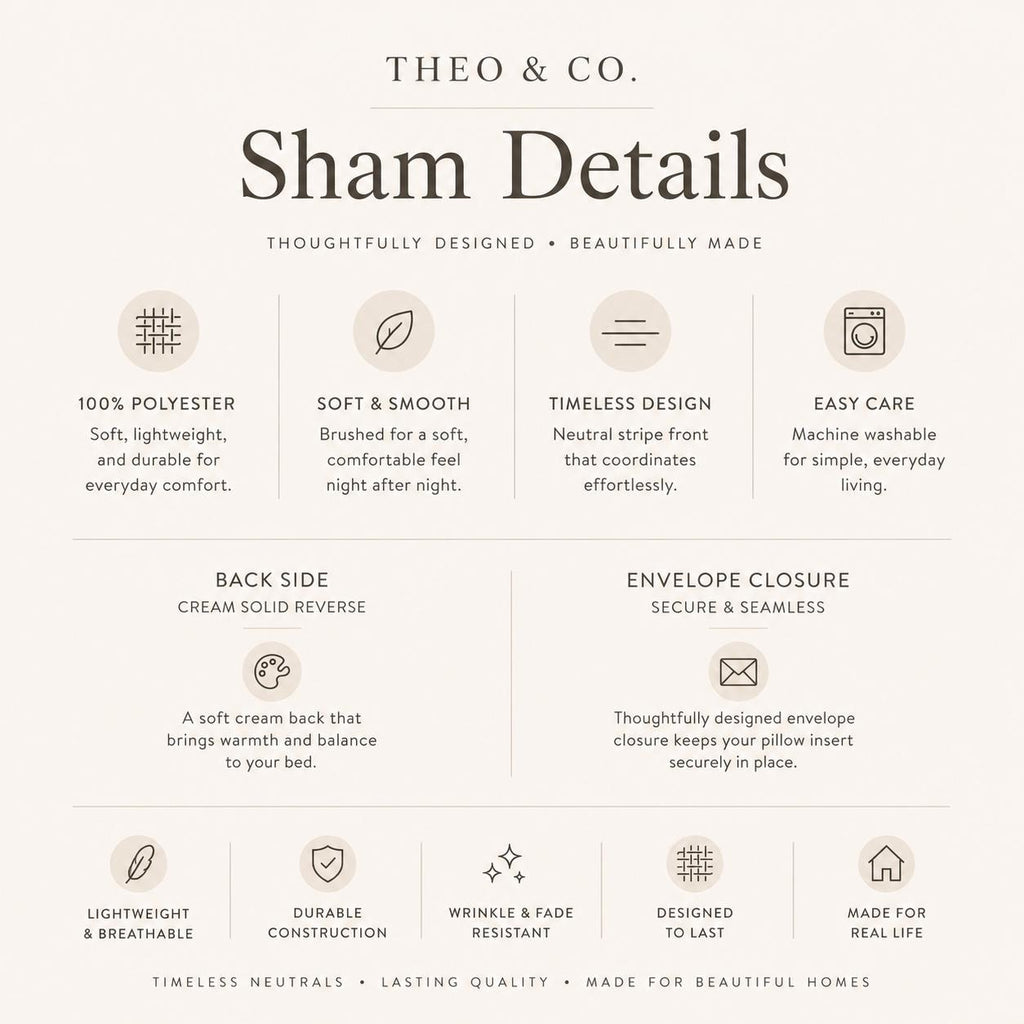A beige and white infographic detailing the features of a sham, titled 'THEO & CO. Sham Details'.