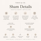 A beige and white infographic detailing the features of a sham, titled 'THEO & CO. Sham Details'.