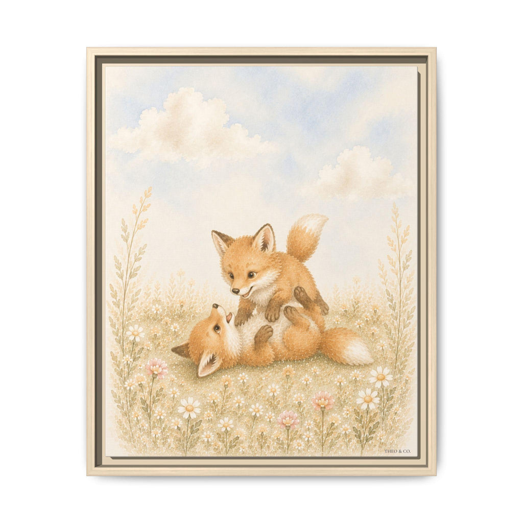 Playful Baby Foxes Woodland Framed Canvas
