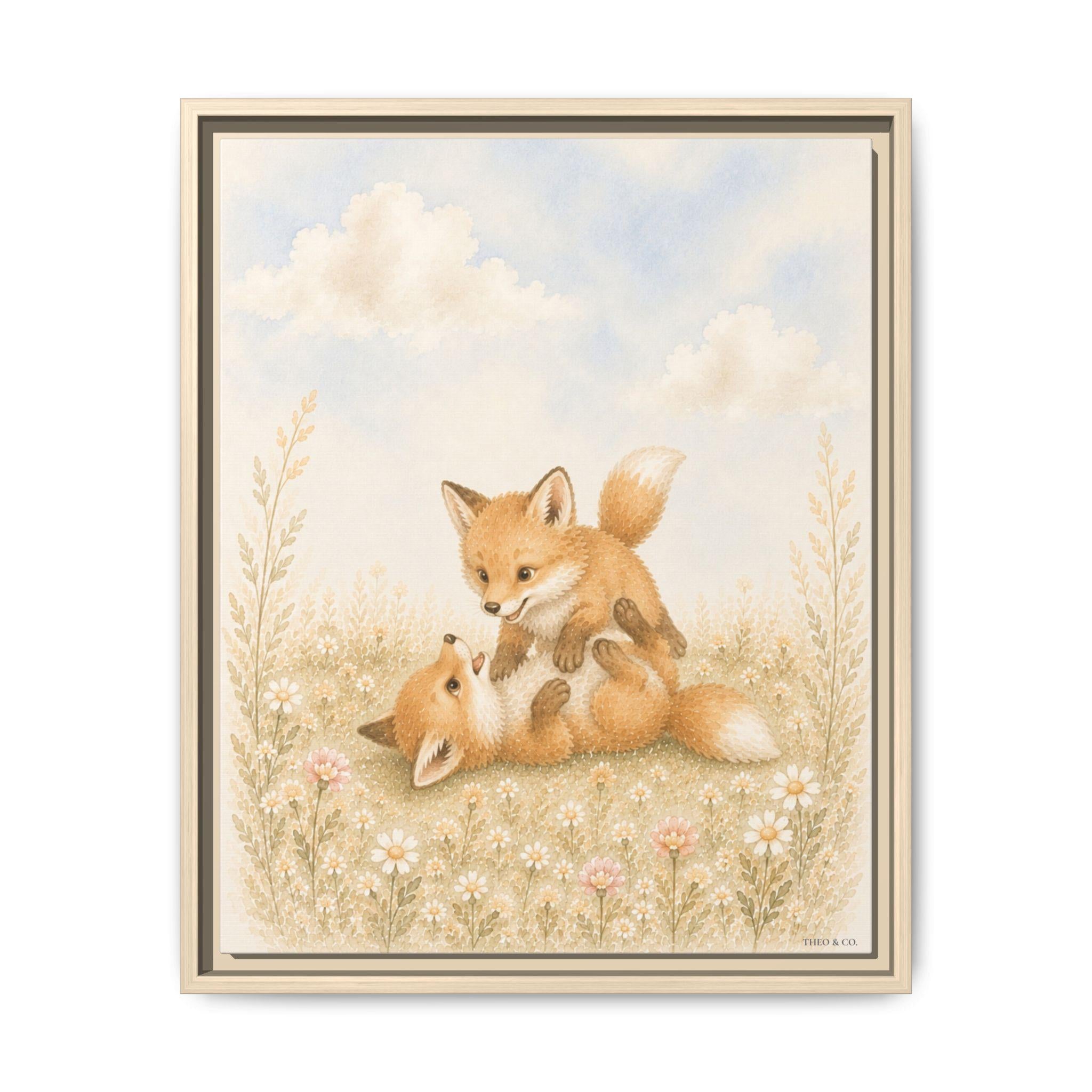Playful Baby Foxes Woodland Framed Canvas