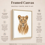 A framed canvas print featuring a watercolor-style lion face, shown on a beige promotional graphic with text callouts about sustainability, durability, and print quality. The frame is light wood, and the artwork is centered against a warm beige background.