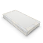 A baby mattress topper with a white top sheet and a beige fitted bumper mattress cover, shown at an angle on a white background.