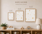 A size guide graphic showing three framed canvas art prints with gold star patterns on a warm beige wall above a wooden shelf. The text reads 'SIZE GUIDE Framed Canvas Artwork' with dimensions labeled for each frame: 8 x 10 inches, 11 x 14 inches, and 16 x 20 inches.