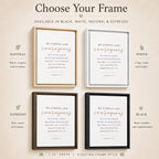 A product presentation graphic showing four floating frame styles for a scripture print: Natural, White, Espresso, and Black. The frames are arranged in a 2x2 grid on a warm beige background with descriptive text labels and the quote 'BE STRONG AND courageous.