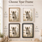A framed zebra wall art set shown in four frame finishes against a beige wall, with text labels for Natural, White, Espresso, and Black options. The image includes decorative props like a plant, teddy bear, and lamp, and the top text reads 'Choose Your Frame.