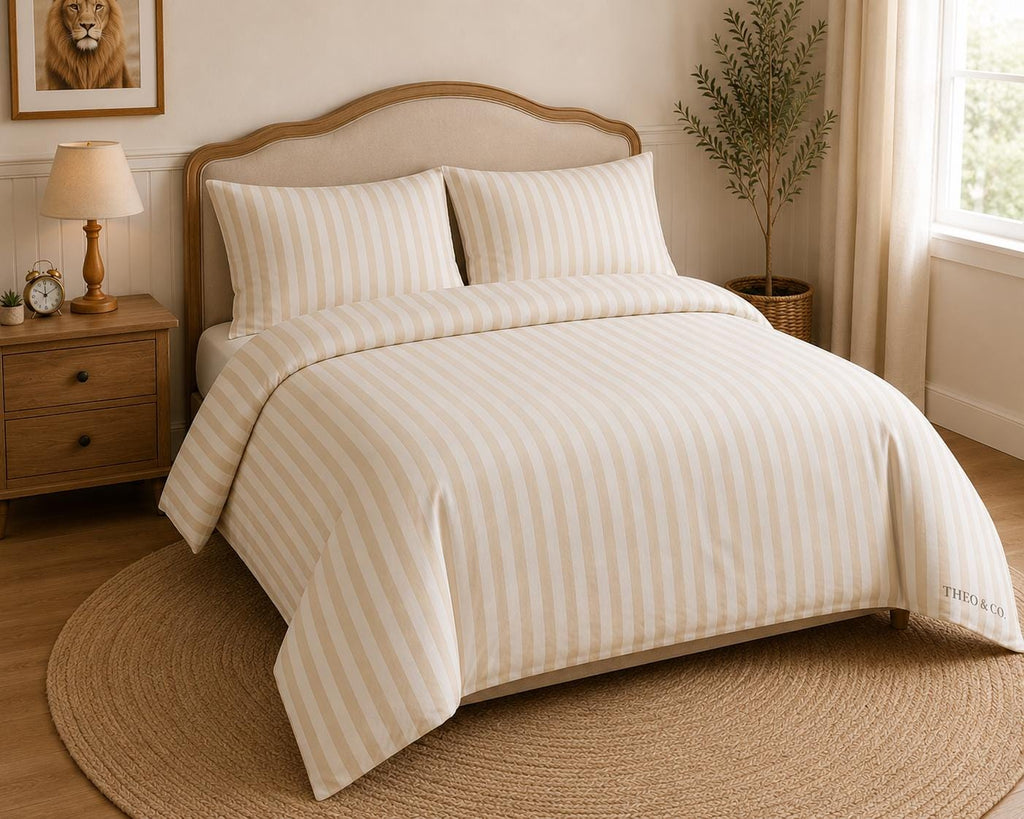 A neatly made bed in a warm, softly lit bedroom featuring a cream and beige vertically striped duvet cover and matching pillow shams. The bed has a light wood headboard and is styled with a wooden nightstand, a lamp, a framed lion portrait, and a potted plant.