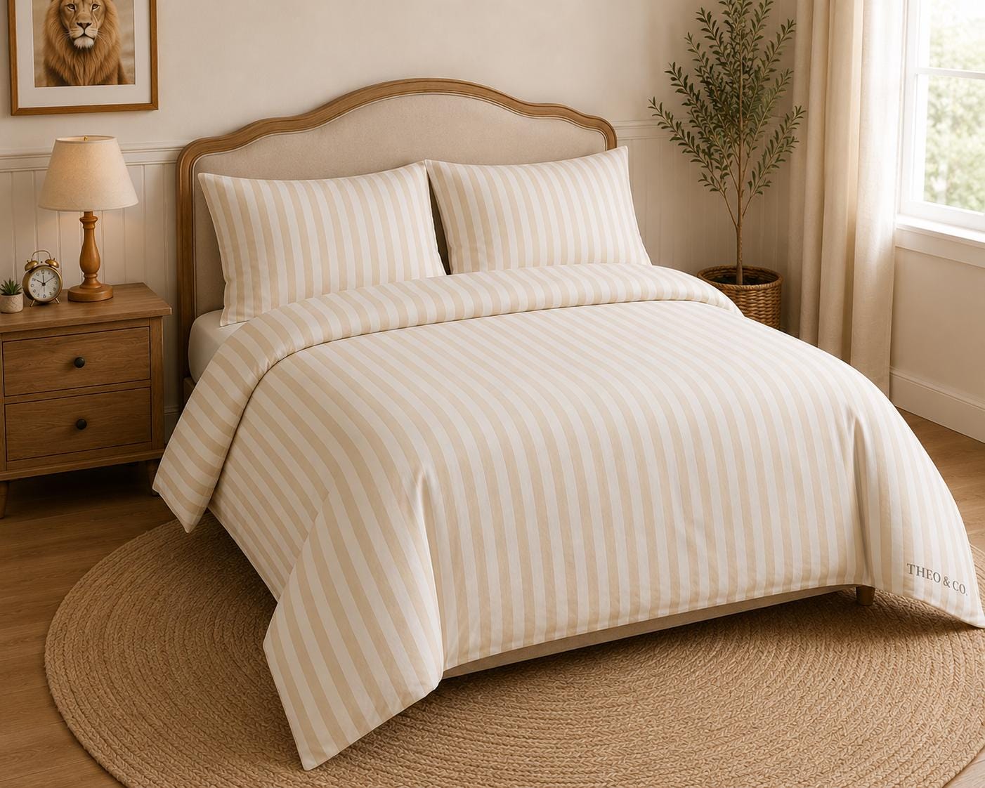 A neatly made bed in a warm, softly lit bedroom featuring a cream and beige vertically striped duvet cover and matching pillow shams. The bed has a light wood headboard and is styled with a wooden nightstand, a lamp, a framed lion portrait, and a potted plant.