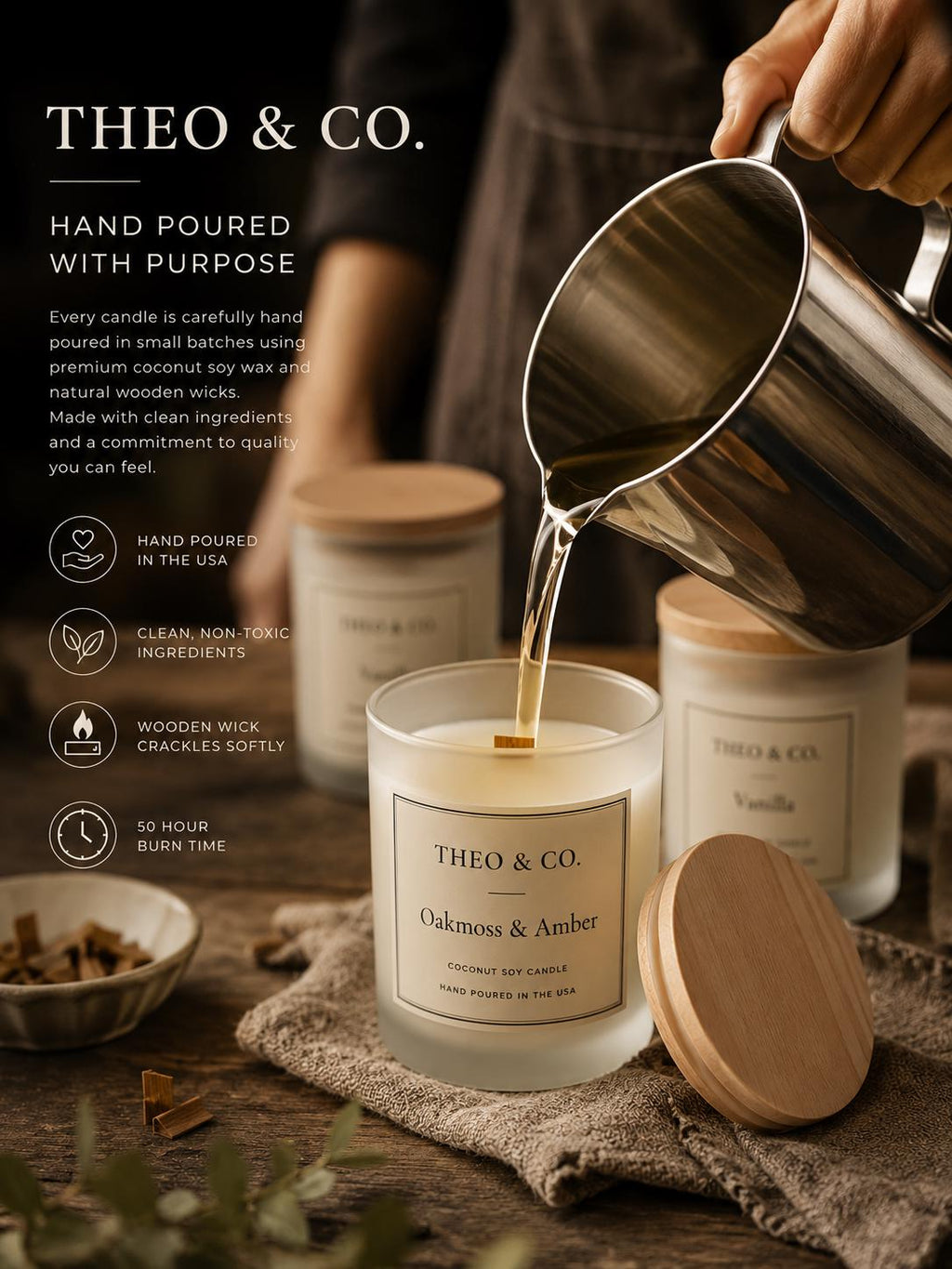 A hand pours hot water into a frosted glass candle jar labeled THEO & CO. Oakmoss & Amber, with other candles and a wooden lid nearby on a rustic table.